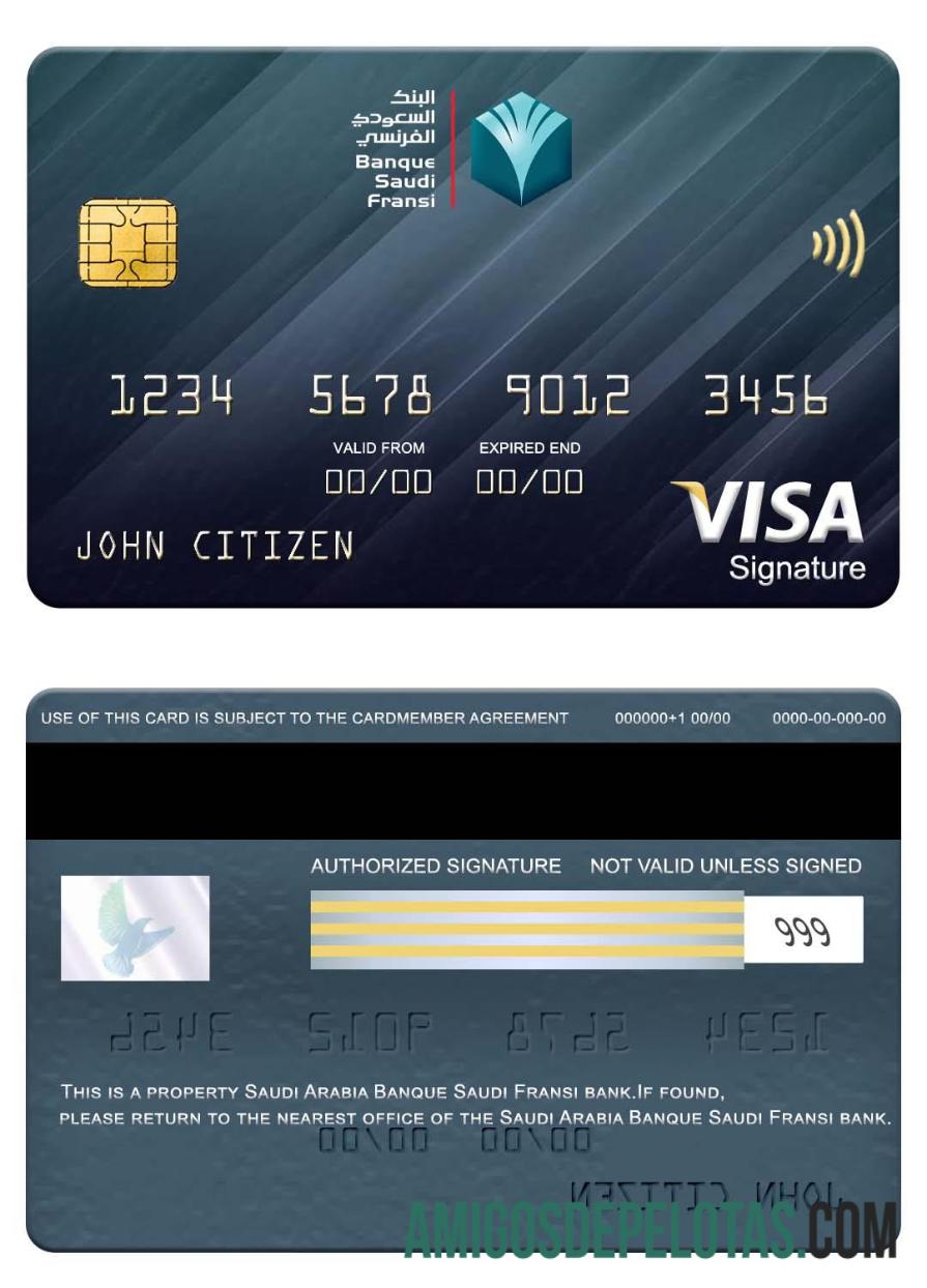 Cartão de assinatura Visa do Banco Saudita Banque Saudi Fransi amostra